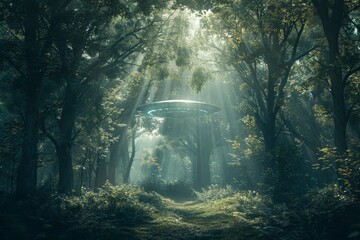 Poster - Alien spaceship hovering over a forest path in the sunlight