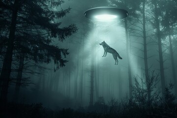 Aufkleber - Ufo abducting wolf in dark forest at night