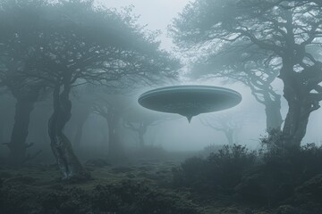 Aufkleber - Unidentified flying object hovering over foggy forest at night