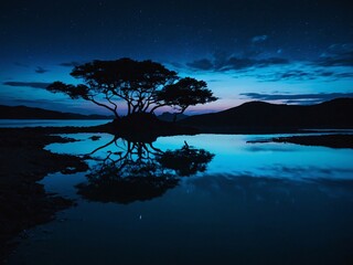 Abstract night scene with glowing island, neon blue light, and water reflections