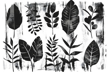 Hand drawn set of grunge modern textured brush black leaves isolated on white background