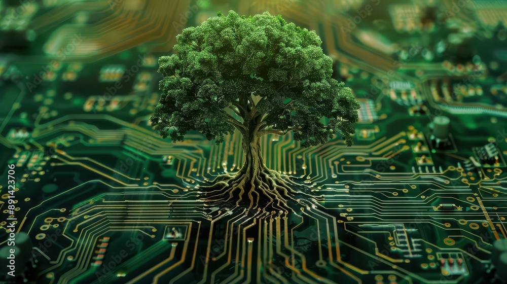 ecotechnology fusion lush green tree growing from a computer chip roots ...