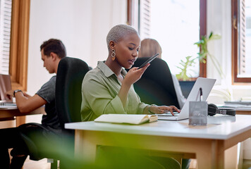 Sticker - Woman, talking and cellphone in office for feedback, social media and online for research. Technology, human resources and call in workplace for career, website and notification for mobile app