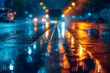 Canvas Print - Car Driving Down Wet Road at Night