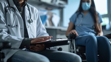 Poster - Doctor examining a patient with a spinal cord injury using adaptive equipment Stock Photo with copy space