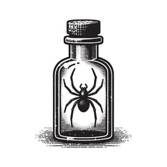 Poster - Spider in a bottle. Vintage retro engraving illustration. Black icon, isolated element. Art vector illustration