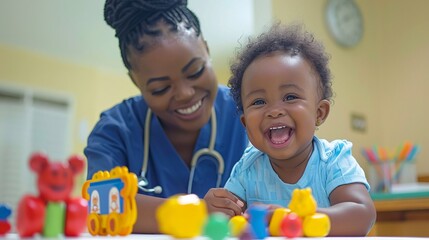 Aufkleber - Speech therapist working with a young child on language development using visual aids Stock Photo with copy space