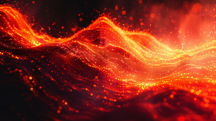 Glowing red and orange particles form an abstract fiery wave pat