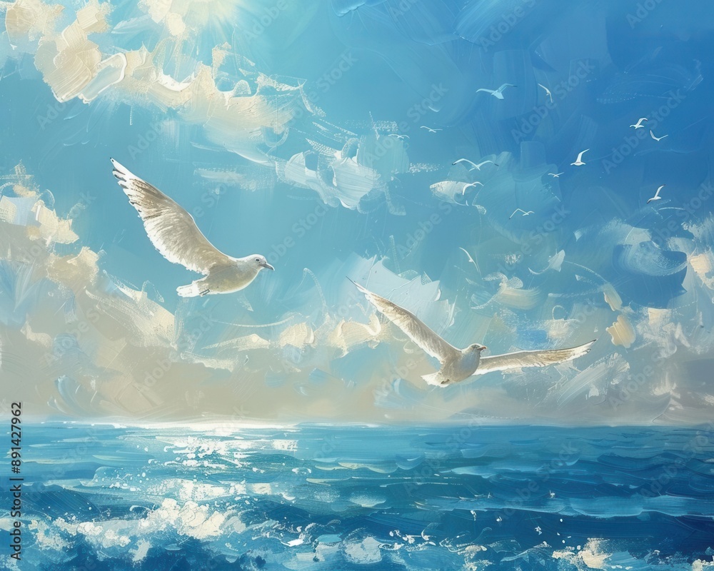 Two birds soaring above the sparkling sea, wings spread wide, clear ...