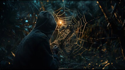 Wall Mural - A web like spider's web is formed between a huge two pieces of a human heart inside the dark jungle and A full body of an hiphop artist wearing a hoodie and gold chains is trapped into it