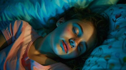 Poster - A person practicing a nighttime routine for better sleep hygiene Stock Photo with copy space