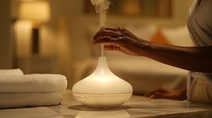 Poster - A person using an essential oil diffuser with calming scents to aid in sleep Stock Photo with copy space