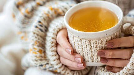 Poster - A person drinking a cup of herbal tea in bed to relax before sleeping Stock Photo with copy space