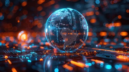 Poster - A glowing blue globe with a digital grid rests on a futuristic platform bathed in warm orange lights