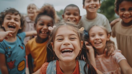 Sticker - Group of diverse cheerful fun happy multiethnic children outdoors at the schoolyard