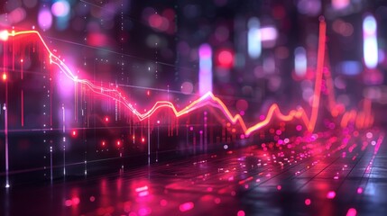 Poster - A Glowing Neon Line Graph Reflecting On A Dark Surface