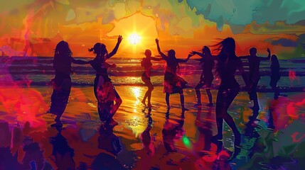 Poster - group of hippies dancing on the beach at sunset time