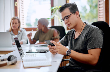 Poster - Man, smartphone and scroll in office for social media, email or online for research or working. Technology, male person or networking in workplace for job or career, meeting and mobile app or website