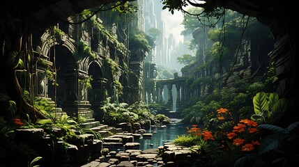 Poster - **Illustrate a detailed line illustration of an ancient ruins overgrown with lush vegetation