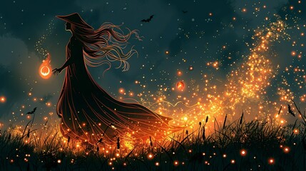 Wall Mural - Hocus-pocus with a witch casting spells and glowing magical effects perfect for Halloween-themed illustrations and fantasy designs Illustration Flat Color, Clip Art Style , Minimalism,