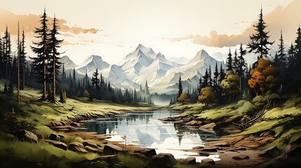 Wall Mural - **Illustrate a line drawing of a majestic mountain range with towering peaks and pine trees