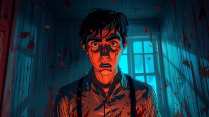 Gory details with bloodstains and eerie shadows creating a chilling atmosphere ideal for horror-themed illustrations Illustration Flat Color, Clip Art Style , Minimalism,