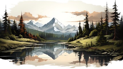 Wall Mural - **Illustrate a line drawing of a majestic mountain range with towering peaks and pine trees