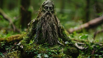 Sticker - Guardian of Nature. Statue of a wise old man covered in green moss, plants and roots, meditating in the wood - Mystical myth and legend, spirit of the forest