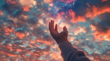 Canvas Print - Hands to heaven, person with hand up looking at the skies