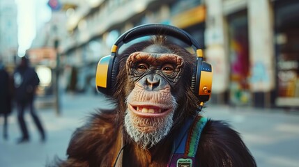 Canvas Print - Happy anthropomorphic old monkey with headphone, smiling and enjoying music in downtown city street, urban underground retro style and charismatic human attitude