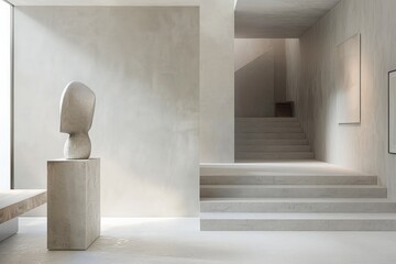 Fototapete - Modern minimalist interior design with sculpture and staircase