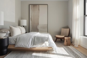 Aufkleber - Sun shining through bedroom window illuminating modern minimalist bedroom