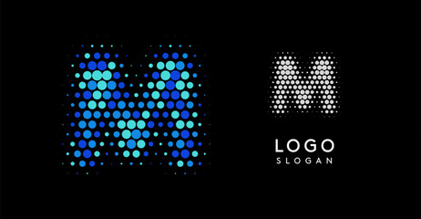 Aufkleber - Abstract letter M logo with blue gradient dots, modern minimalist design. Ideal for business branding, corporate identity, technology firms. Stylish and professional symbol. Vector illustration