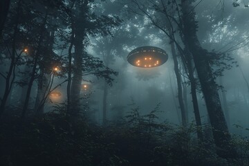 Aufkleber - Alien spaceships flying over dark forest at night
