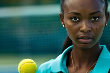 Young black female tennis player holding tennis ball on court