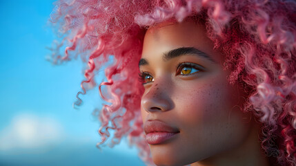 Wall Mural - Pink curly hair African girl closeup portrait