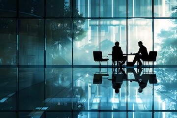 Fototapete - Business Meeting in a Modern Office with Reflections and Silhouettes