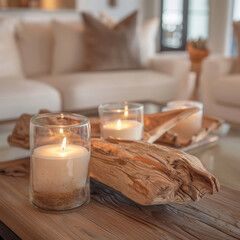 A cozy living room setting is showcased in a close-up shot of a coffee table, featuring two candles in clear glass jars and a piece of arranged wood on top.