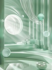 Poster - 3D rendered abstract background with empty space and green wavy stripes pattern on a pastel mint colored geometric platform for product presentation. Minimal concept with a studio lighting style and h