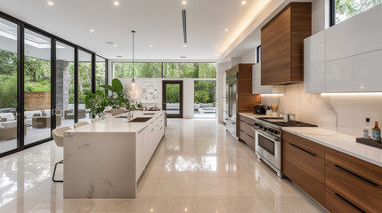 Modern bright kitchen interior with white furniture and wooden dining table