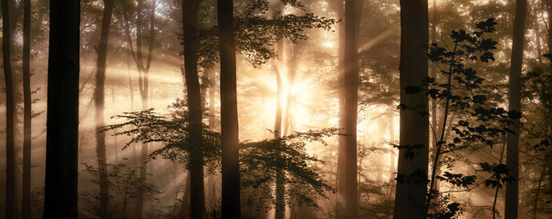 Wall Mural - Glowing sunrays and gorgeous silhouettes in the fog create an amazing backlit panoramic forest scenery with high contrast