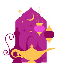 Arabian Composition with golden jug, oil lamps, night stars, curly orient window, moon. The Middle East fairy night concept. Minimalist vector illustration. Isolated on white background.