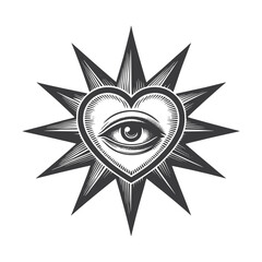 Wall Mural - Heart with eye and star. Isoteric, occult, magical vector illustration. vintage black engraving, emblem, logo. tattoo sketch, print	