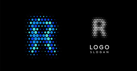 Poster - Abstract letter R logo with blue gradient dots, modern minimalist design. Ideal for business branding, corporate identity, technology firms. Stylish and professional symbol. Vector illustration