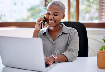 Poster - Black woman, laptop and creative office with phone call, planning or discussion with idea for project. Web designer, smile and communication with smartphone, entrepreneur and company negotiation
