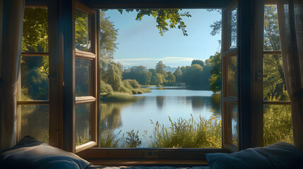 Wall Mural - Tranquil view from a window overlooking a lake