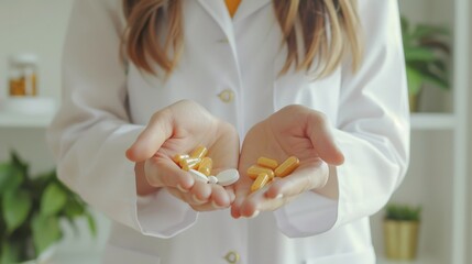 Poster - Female doctor holding yellow and white capsules in both hands. Medical professional demonstrating different types of medication. Concept of healthcare and pharmaceutical treatment.
