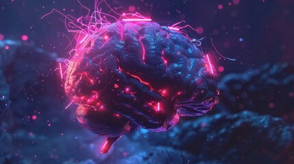 Photo of a neon-lit brain in the dark