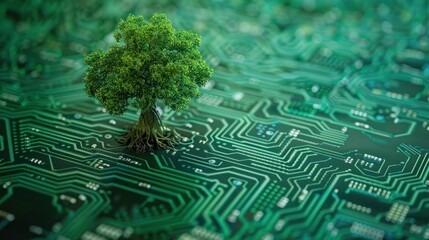 Poster - tree growing on the converging point of computer circuit board. green computing, green technology, g