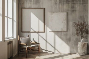 Aufkleber - Sun shining through window illuminating modern minimalist living room with empty frames